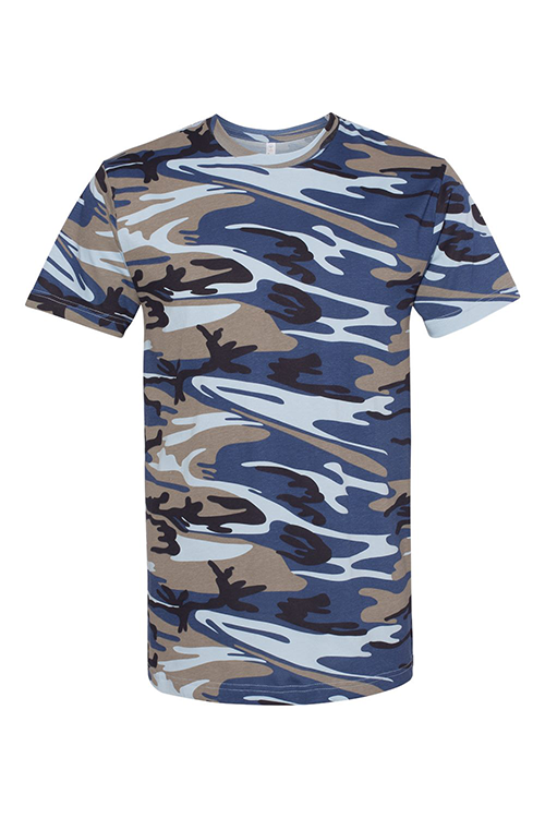 Blue Woodward Camo T-Shirt featuring urban woodland design, made from 100% cotton.