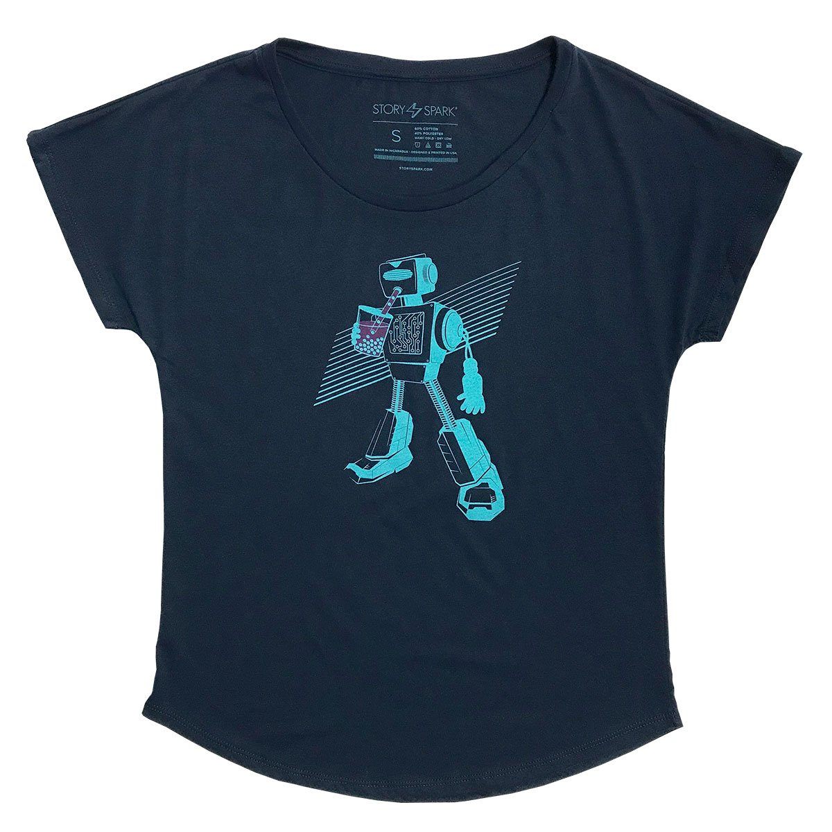 Boba Bot Dolman Shirt in dark heather navy, featuring a loose fit and unique graphic design.