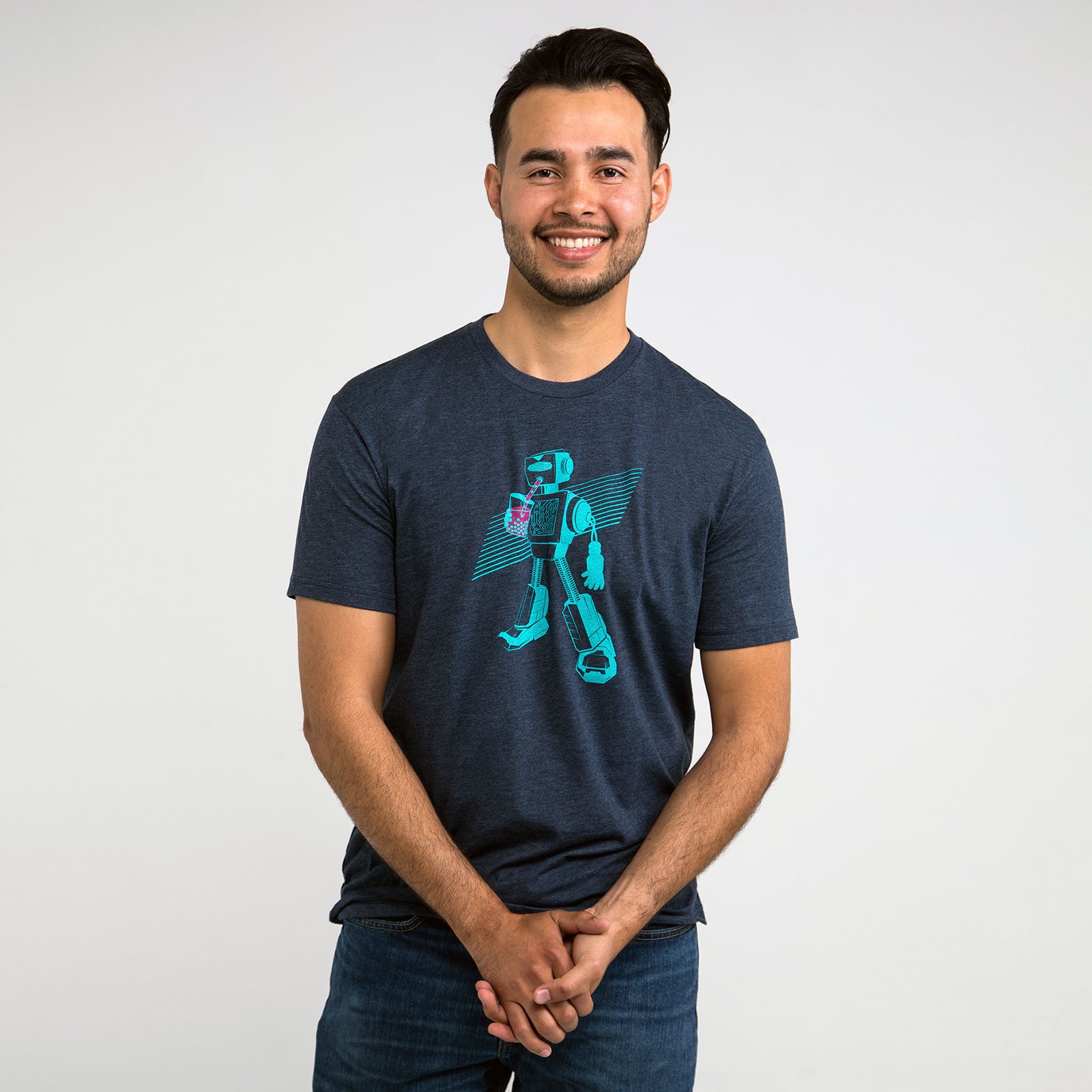 Boba Bot T-shirt in dark heather navy featuring original illustration, made from soft ring-spun cotton and polyester blend.