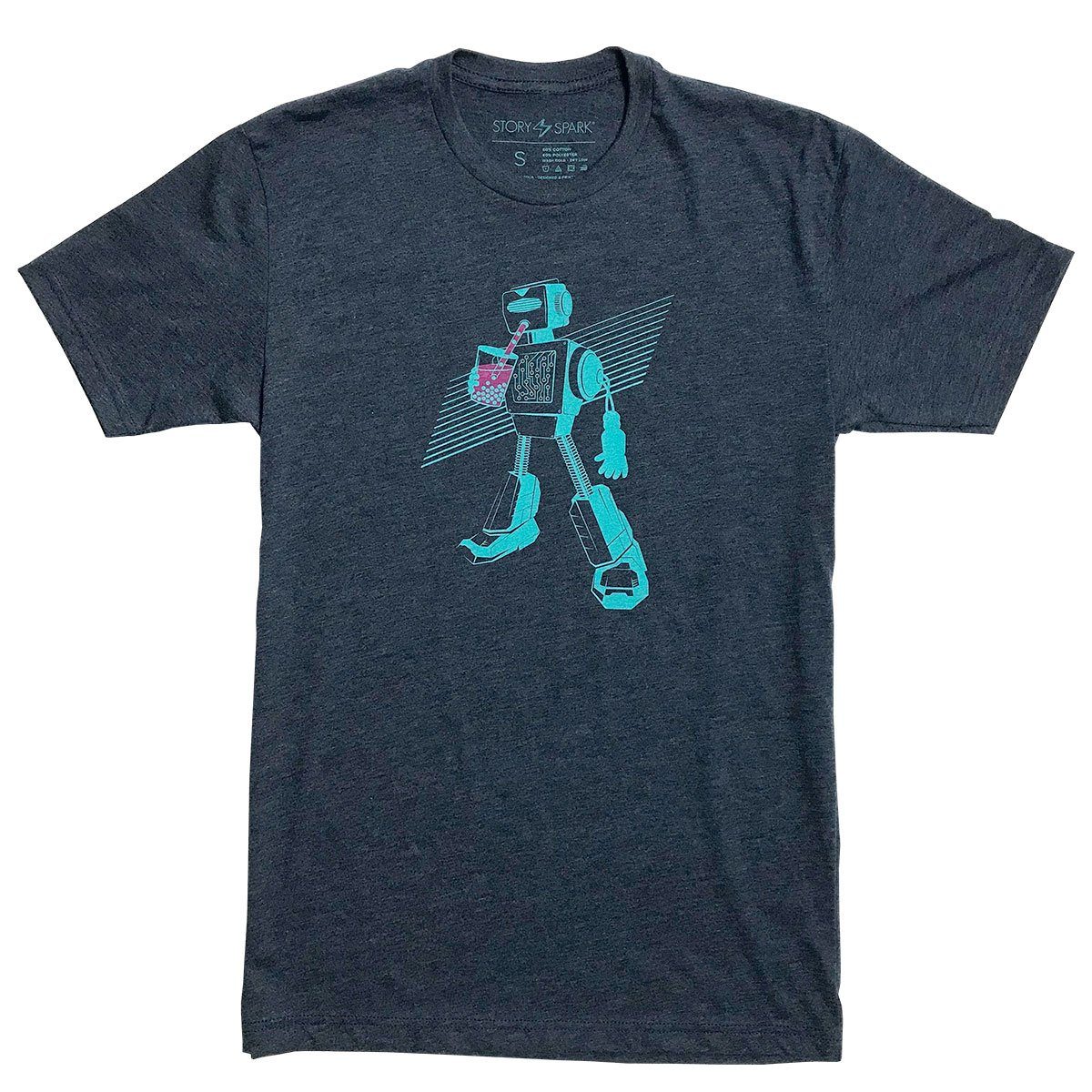 Boba Bot T-shirt in dark heather navy featuring original illustration, made from soft ring-spun cotton and polyester blend.