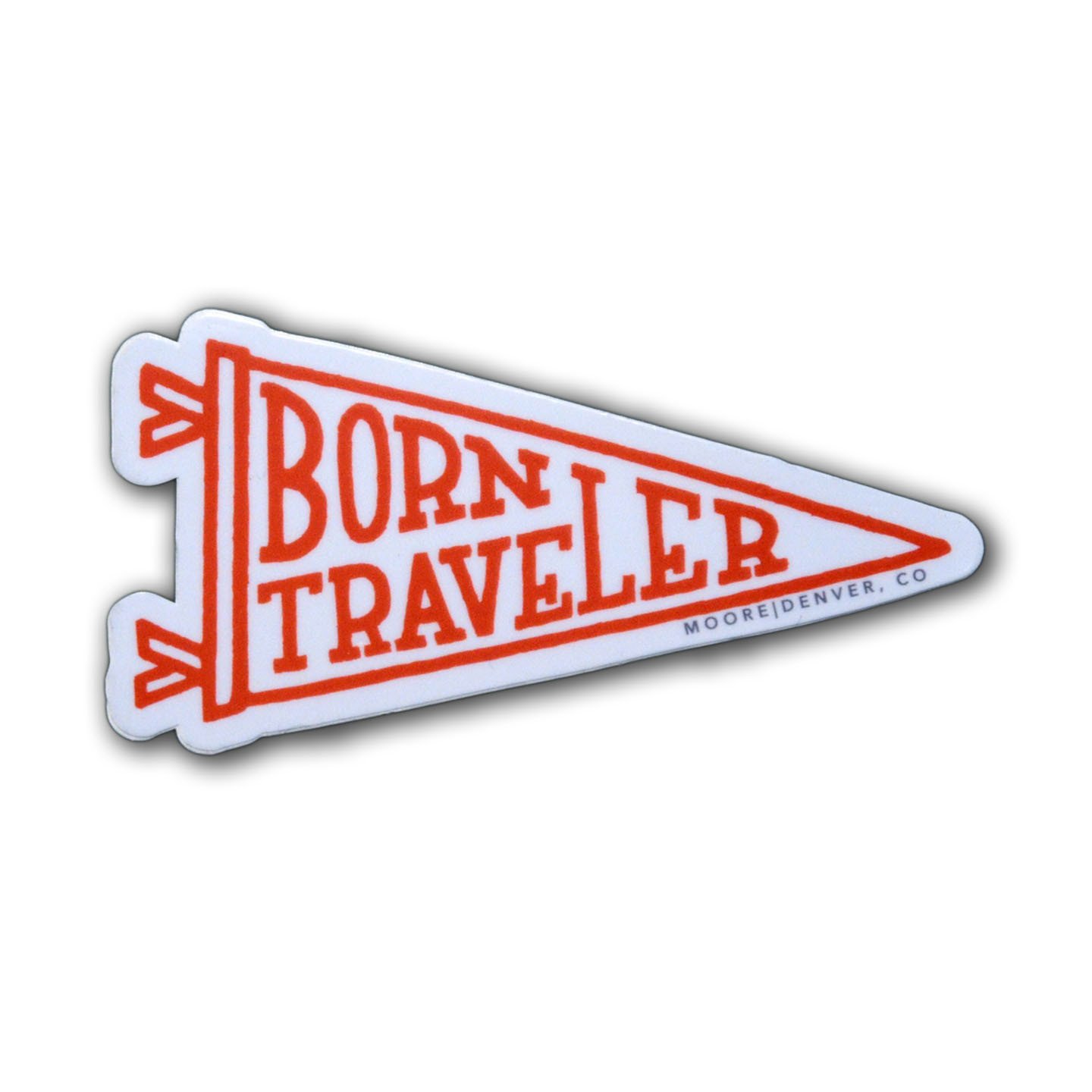 A waterproof vinyl sticker featuring the phrase 'Born Traveler' with a matte finish, ideal for travel enthusiasts.