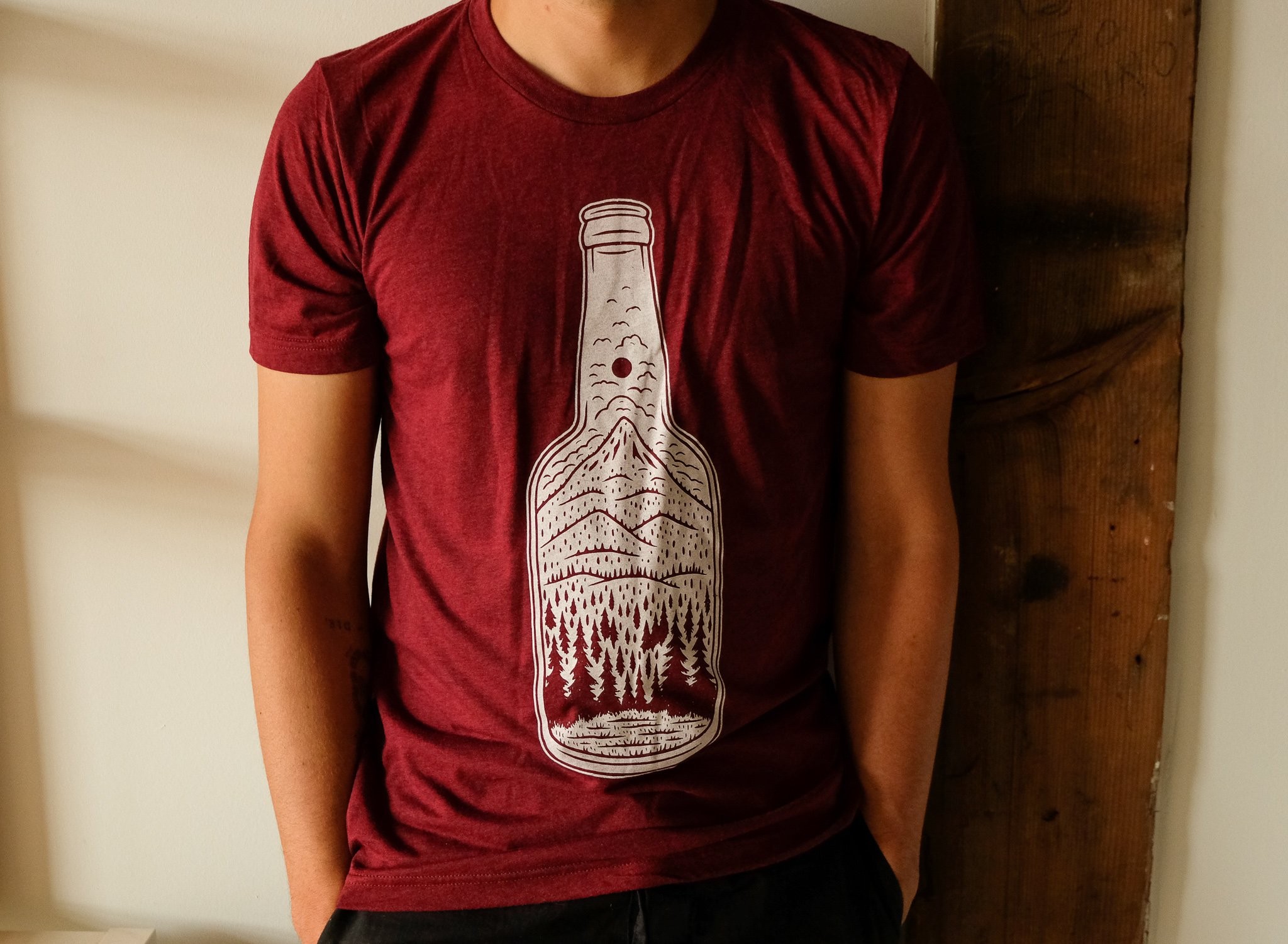 Cranberry triblend t-shirt featuring a screen printed design, perfect for outdoor beer lovers.