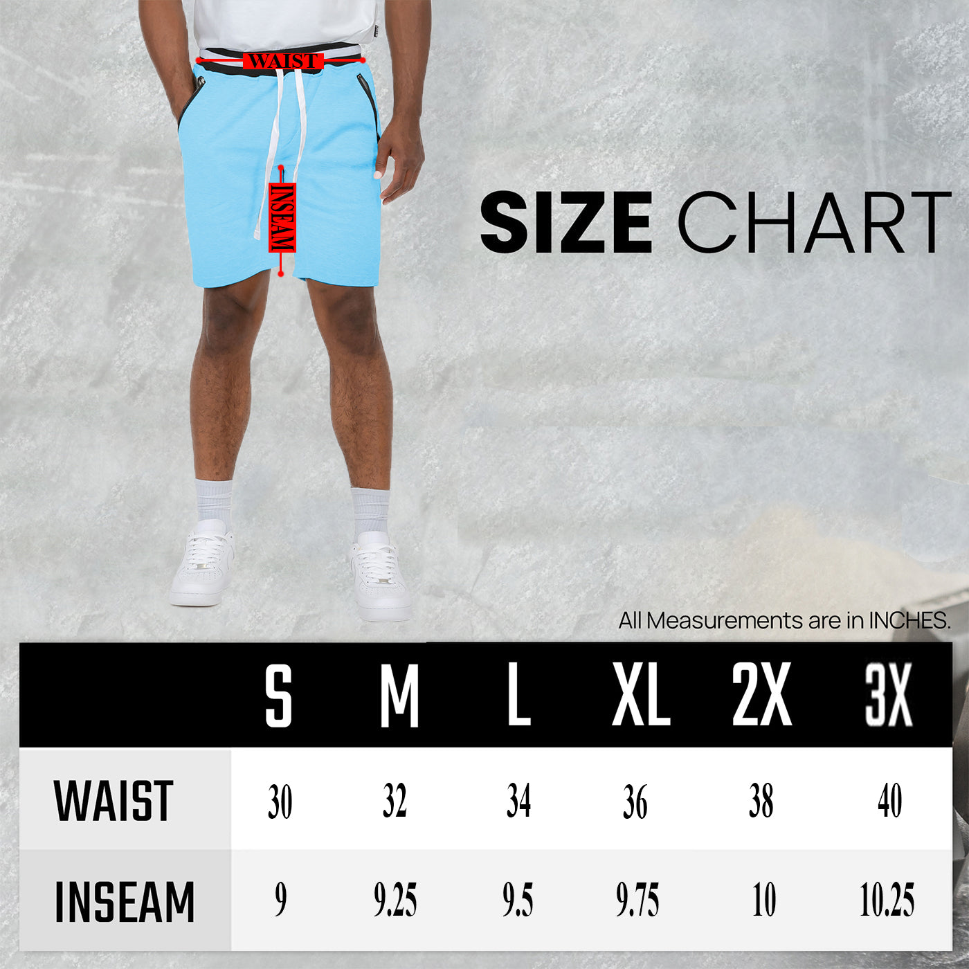 Shorts size chart for men.