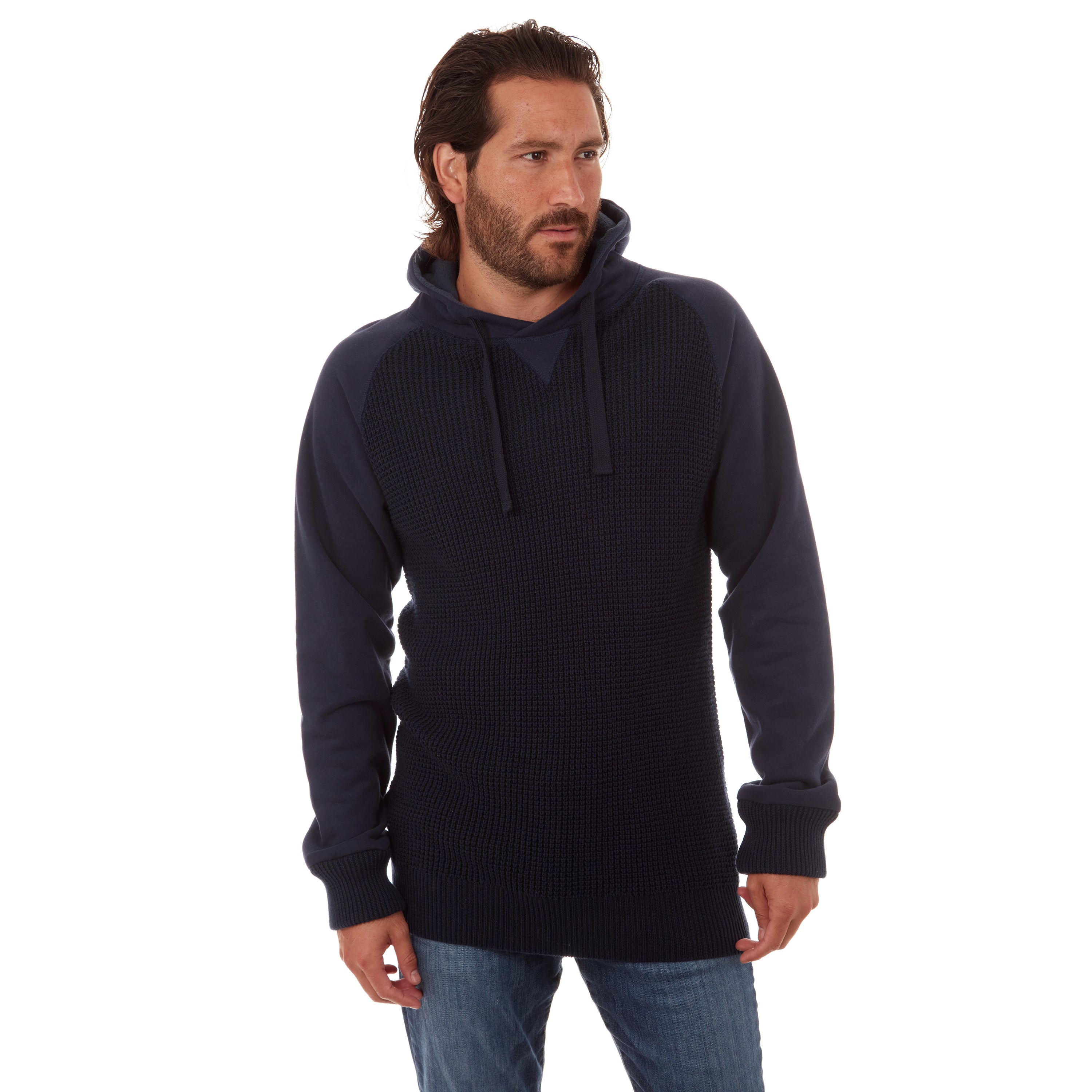 Brian Raglan Sweater Hoodie in navy with fleece sleeves and hood, showcasing a stylish and comfortable design.