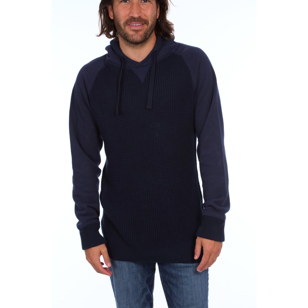 Brian Raglan Sweater Hoodie in navy with fleece sleeves and hood, showcasing a stylish and comfortable design.