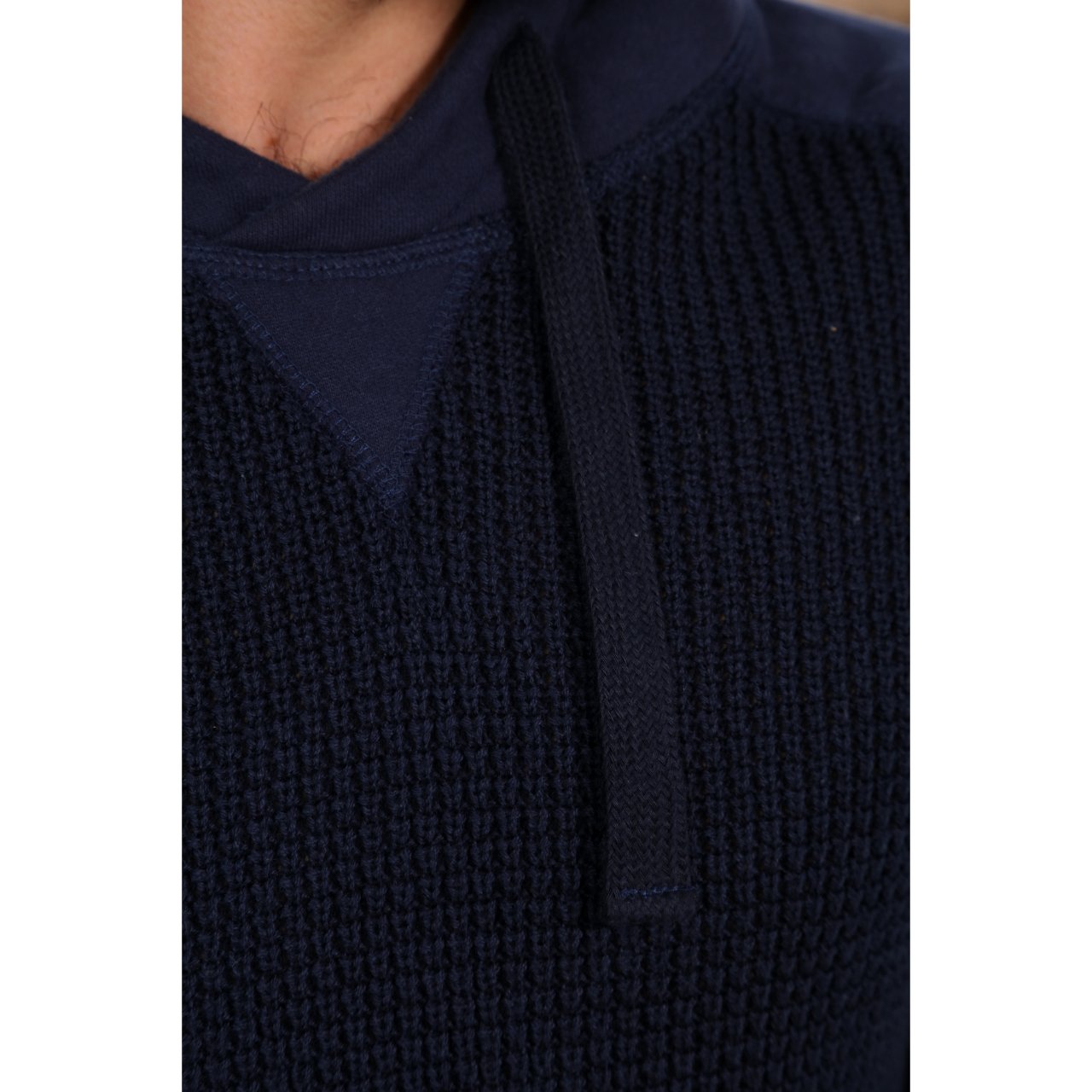 Brian Raglan Sweater Hoodie in navy with fleece sleeves and hood, showcasing a stylish and comfortable design.