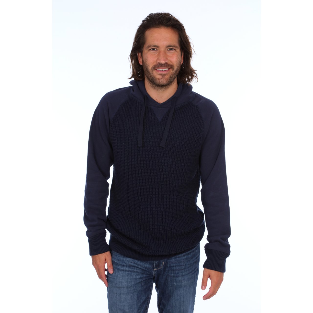 Brian Raglan Sweater Hoodie in navy with fleece sleeves and hood, showcasing a stylish and comfortable design.