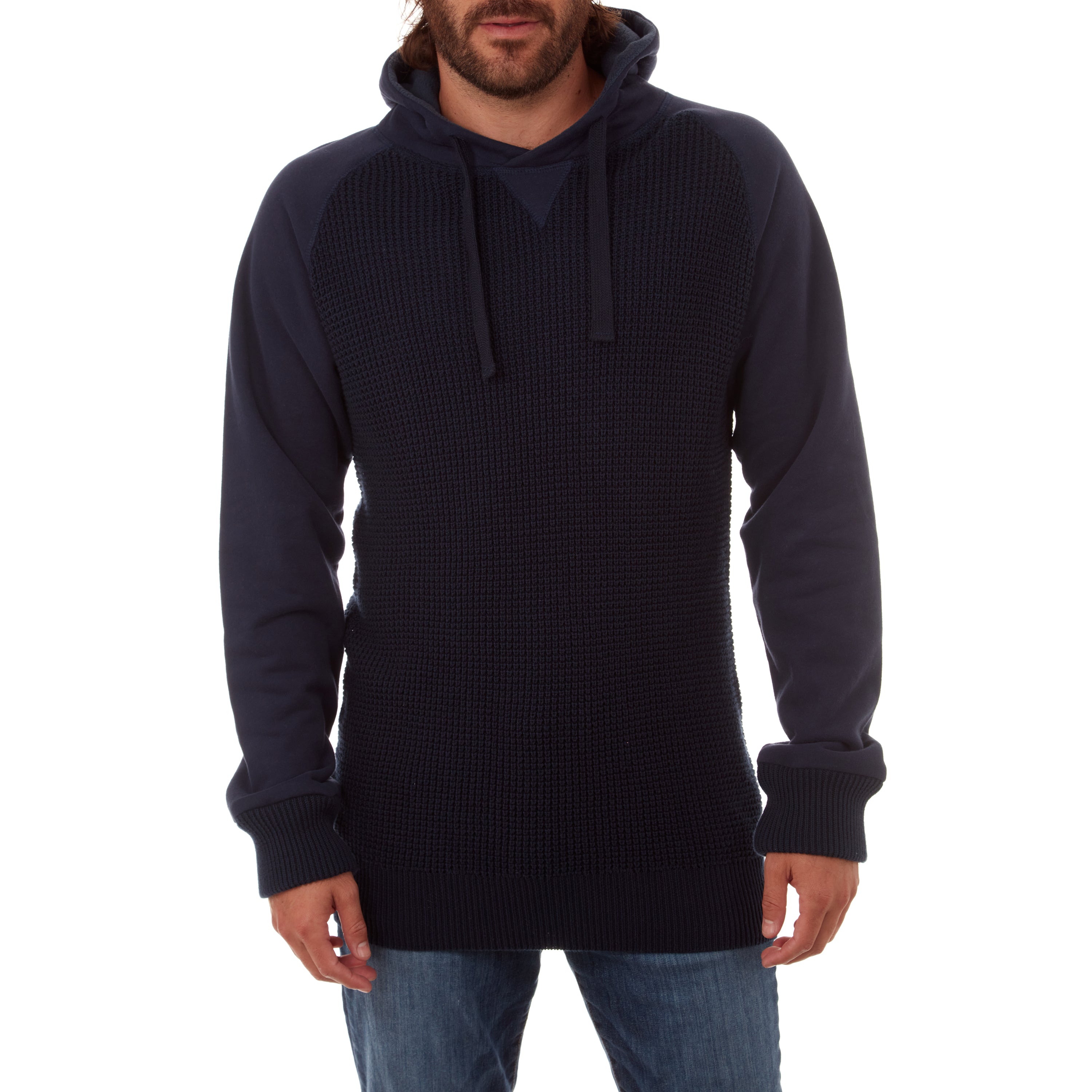 Brian Raglan Sweater Hoodie in navy with fleece sleeves and hood, showcasing a stylish and comfortable design.