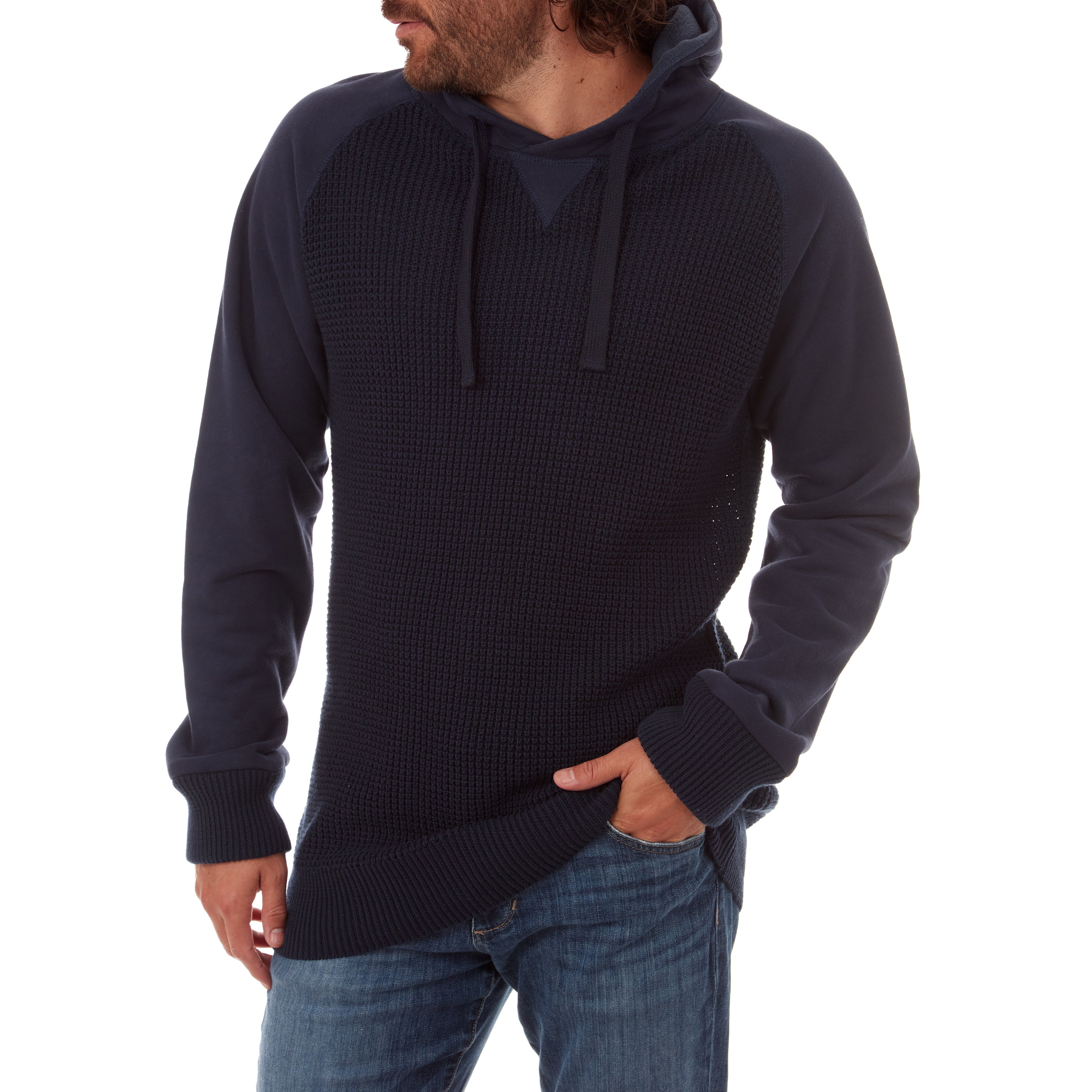 Brian Raglan Sweater Hoodie in navy with fleece sleeves and hood, showcasing a stylish and comfortable design.