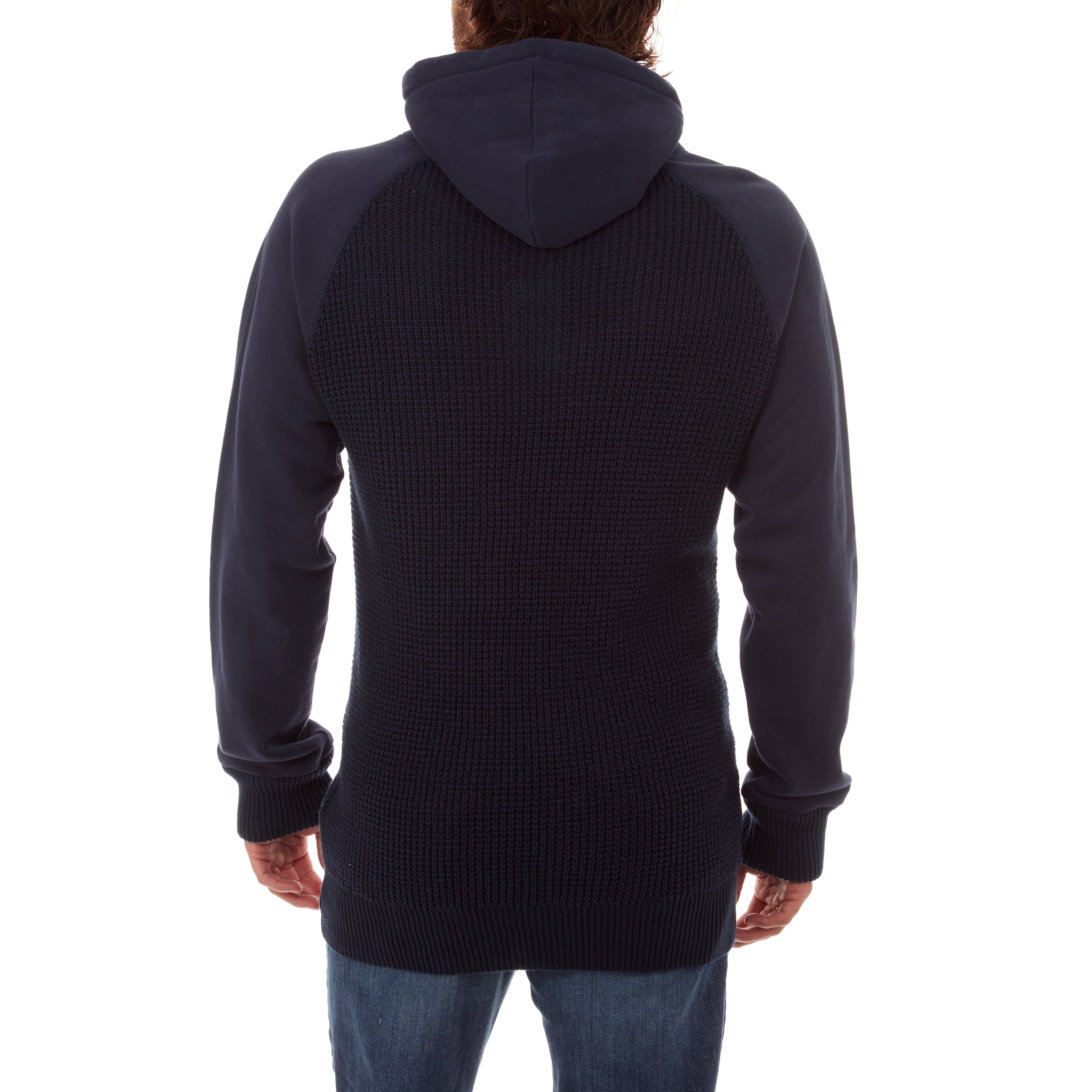 Brian Raglan Sweater Hoodie in navy with fleece sleeves and hood, showcasing a stylish and comfortable design.