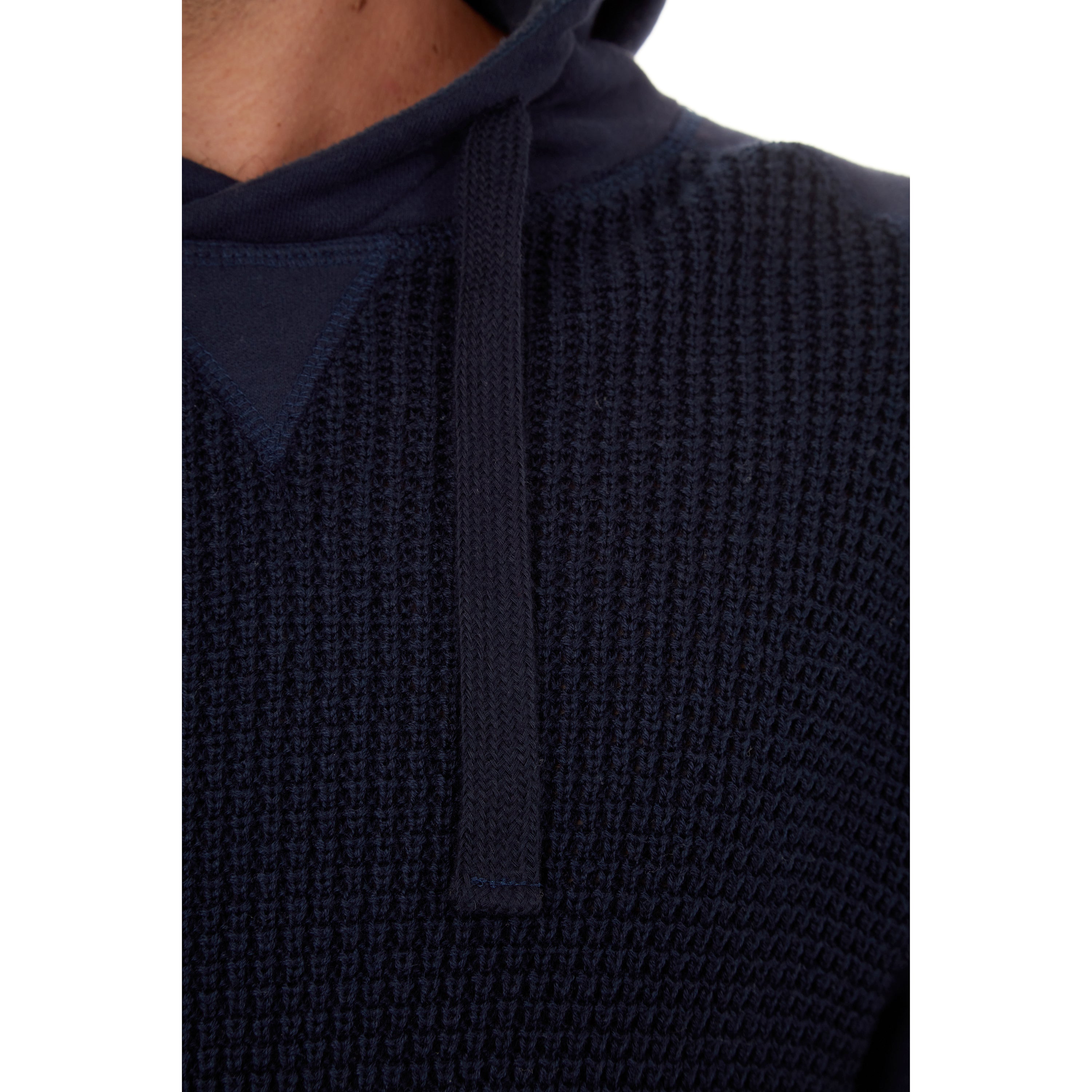 Brian Raglan Sweater Hoodie in navy with fleece sleeves and hood, showcasing a stylish and comfortable design.