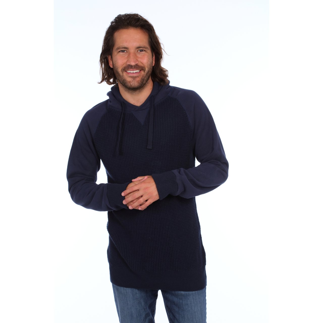 Brian Raglan Sweater Hoodie in navy with fleece sleeves and hood, showcasing a stylish and comfortable design.