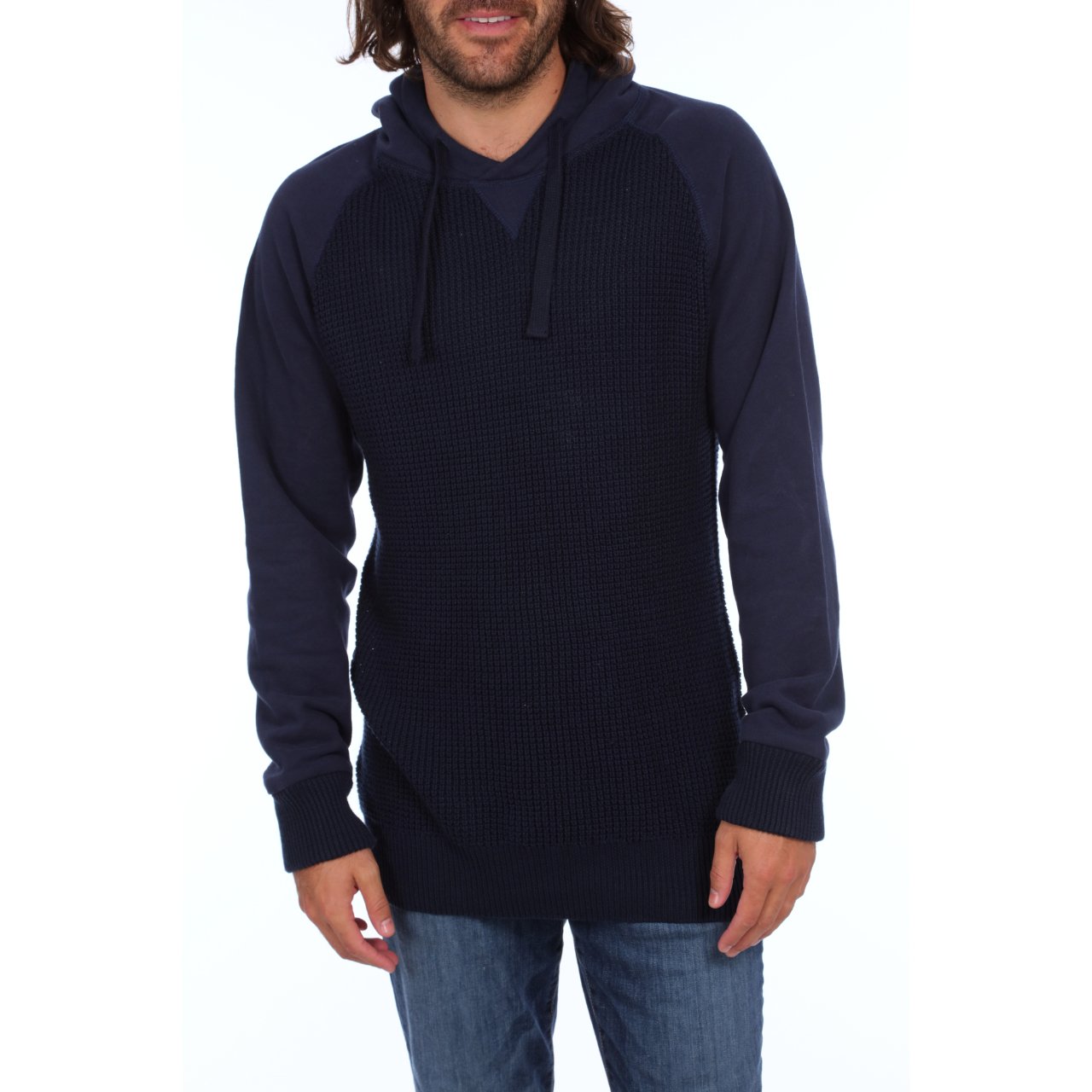 Brian Raglan Sweater Hoodie in navy with fleece sleeves and hood, showcasing a stylish and comfortable design.