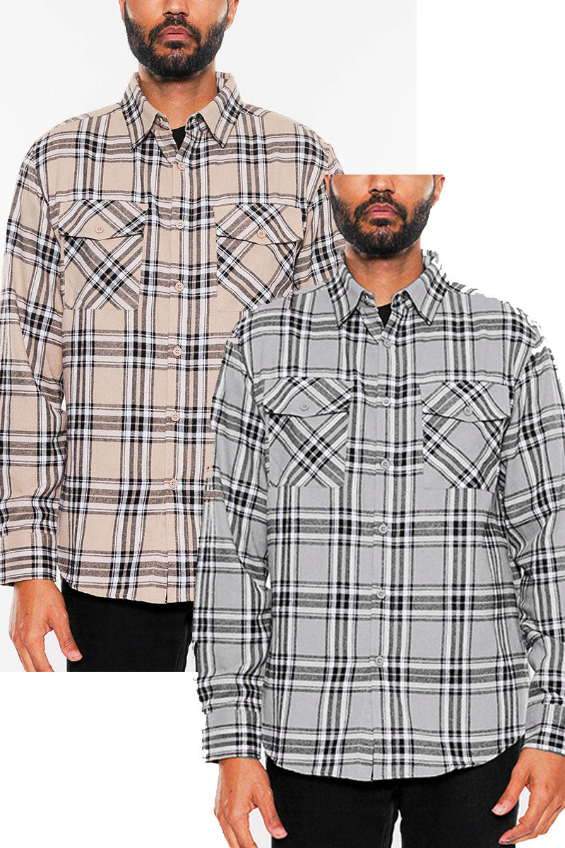 A stylish brushed flannel shirt featuring chest pockets and button closure, perfect for casual wear.