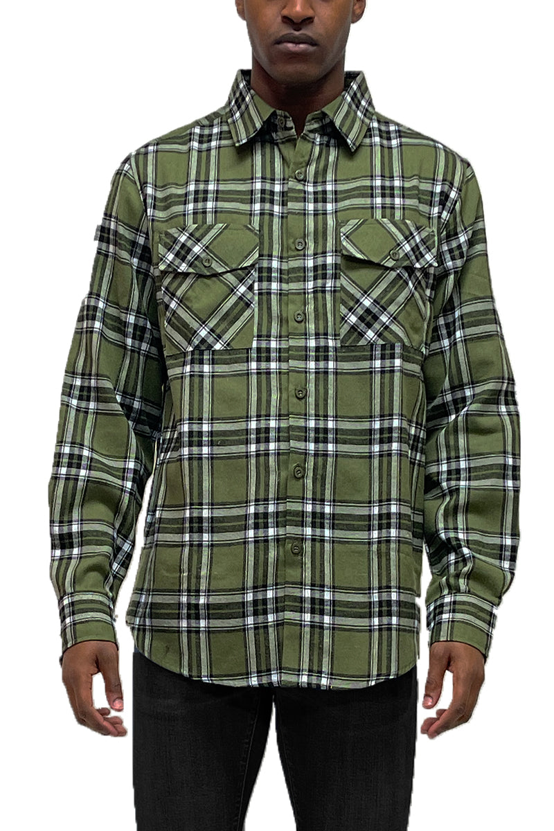 A stylish brushed flannel shirt featuring chest pockets and button closure, perfect for casual wear.