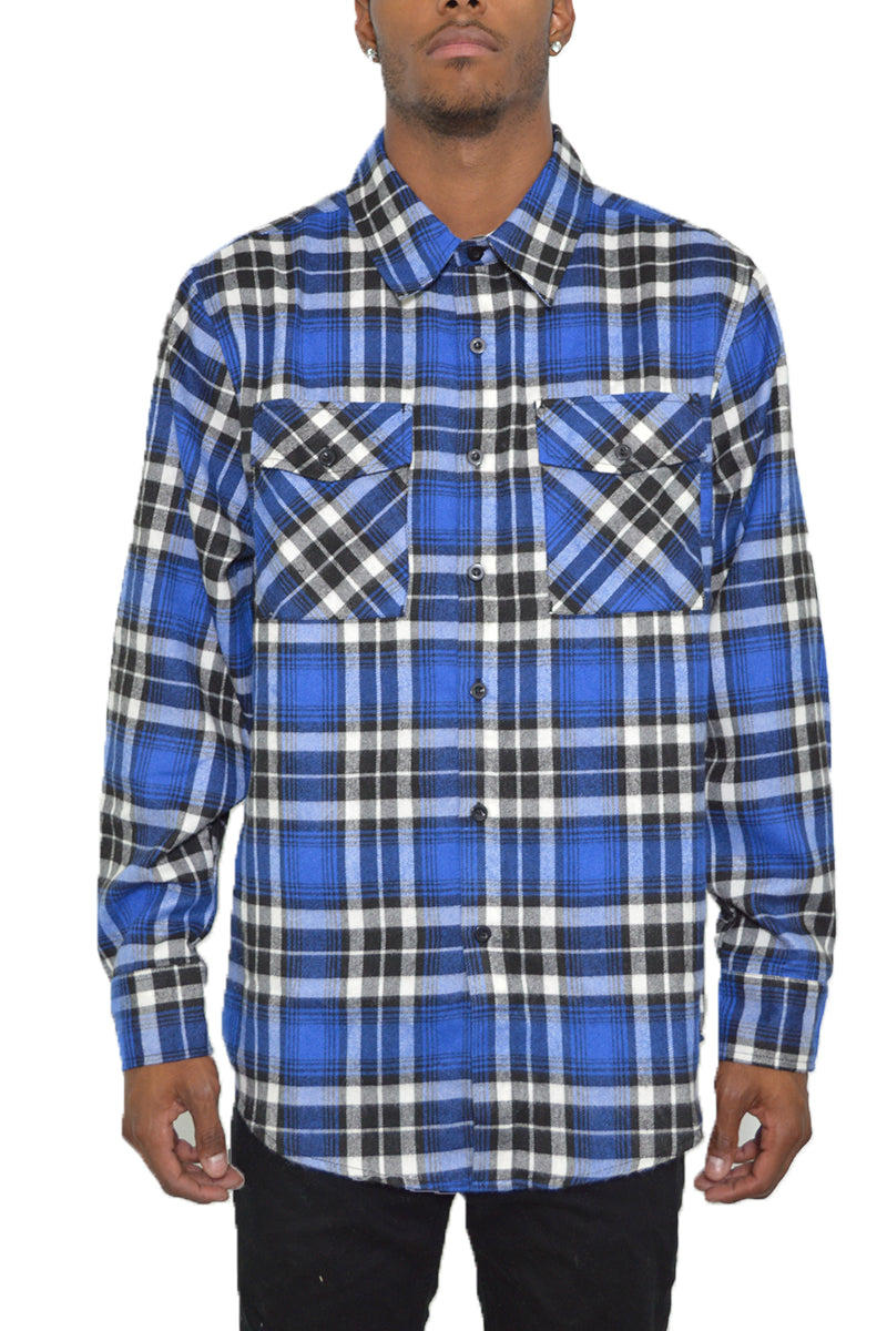 A stylish brushed flannel shirt featuring chest pockets and button closure, perfect for casual wear.