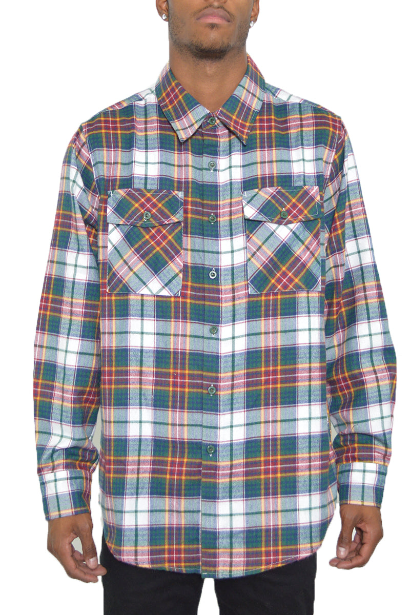 A stylish brushed flannel shirt featuring chest pockets and button closure, perfect for casual wear.