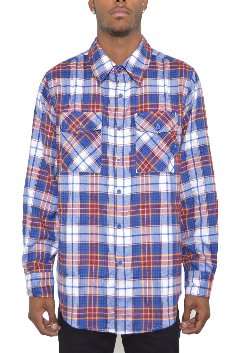 A stylish brushed flannel shirt featuring chest pockets and button closure, perfect for casual wear.