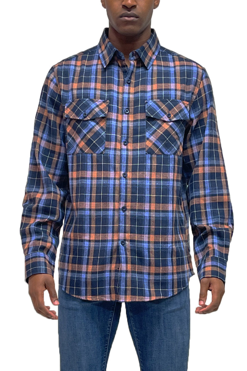 A stylish brushed flannel shirt featuring chest pockets and button closure, perfect for casual wear.