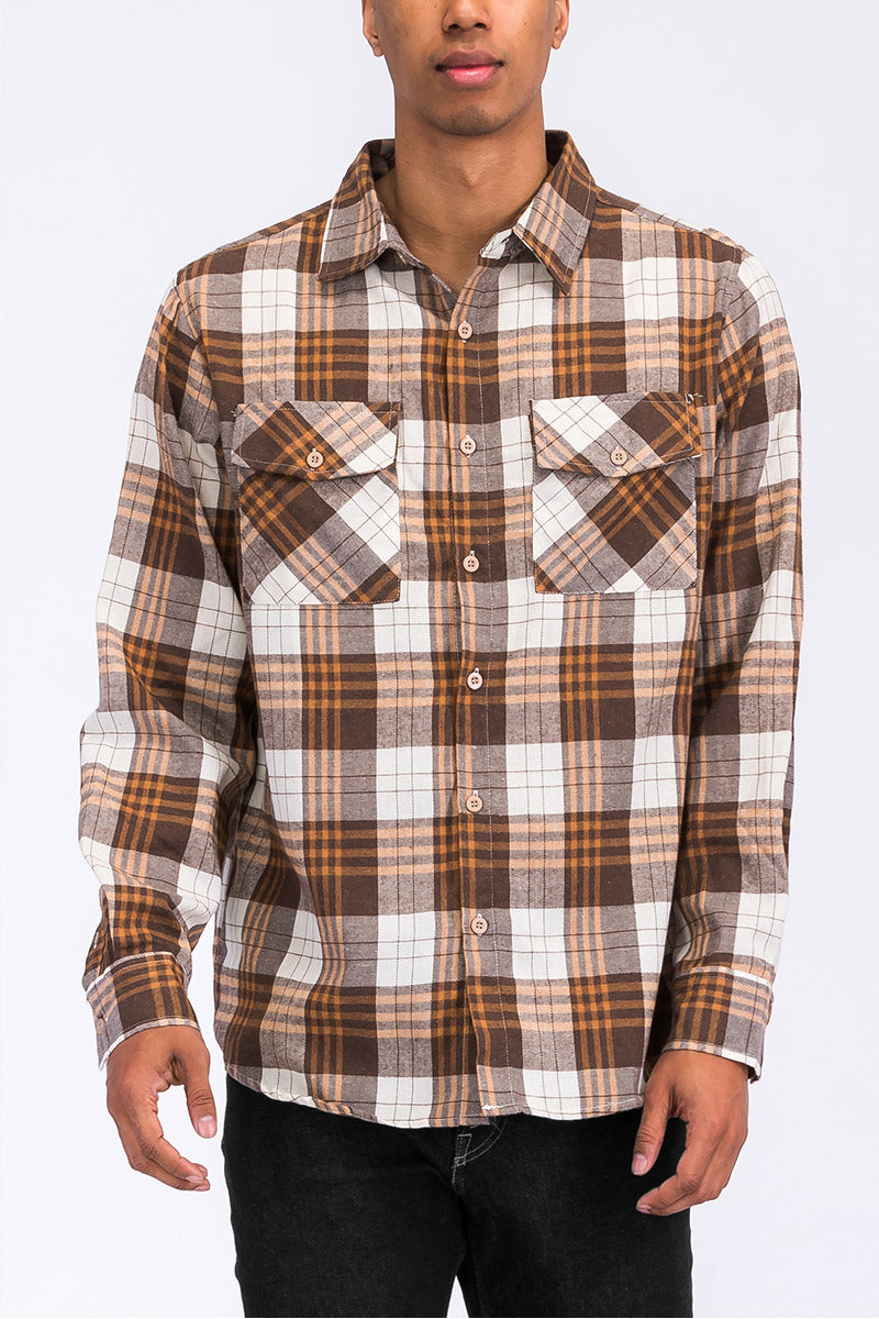 A stylish brushed flannel shirt featuring chest pockets and button closure, perfect for casual wear.