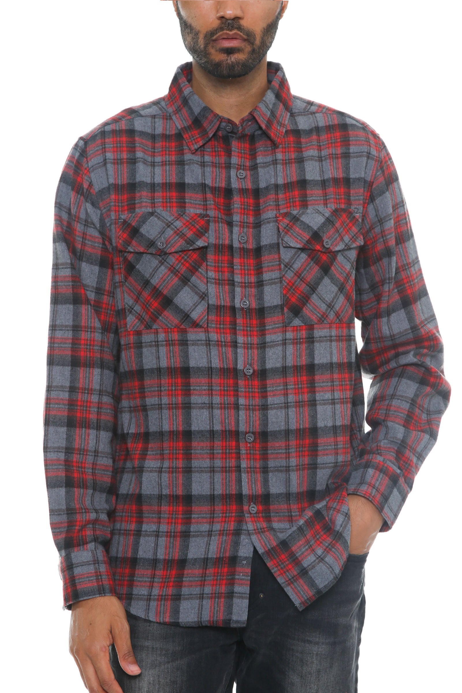 A stylish brushed flannel shirt featuring chest pockets and button closure, perfect for casual wear.