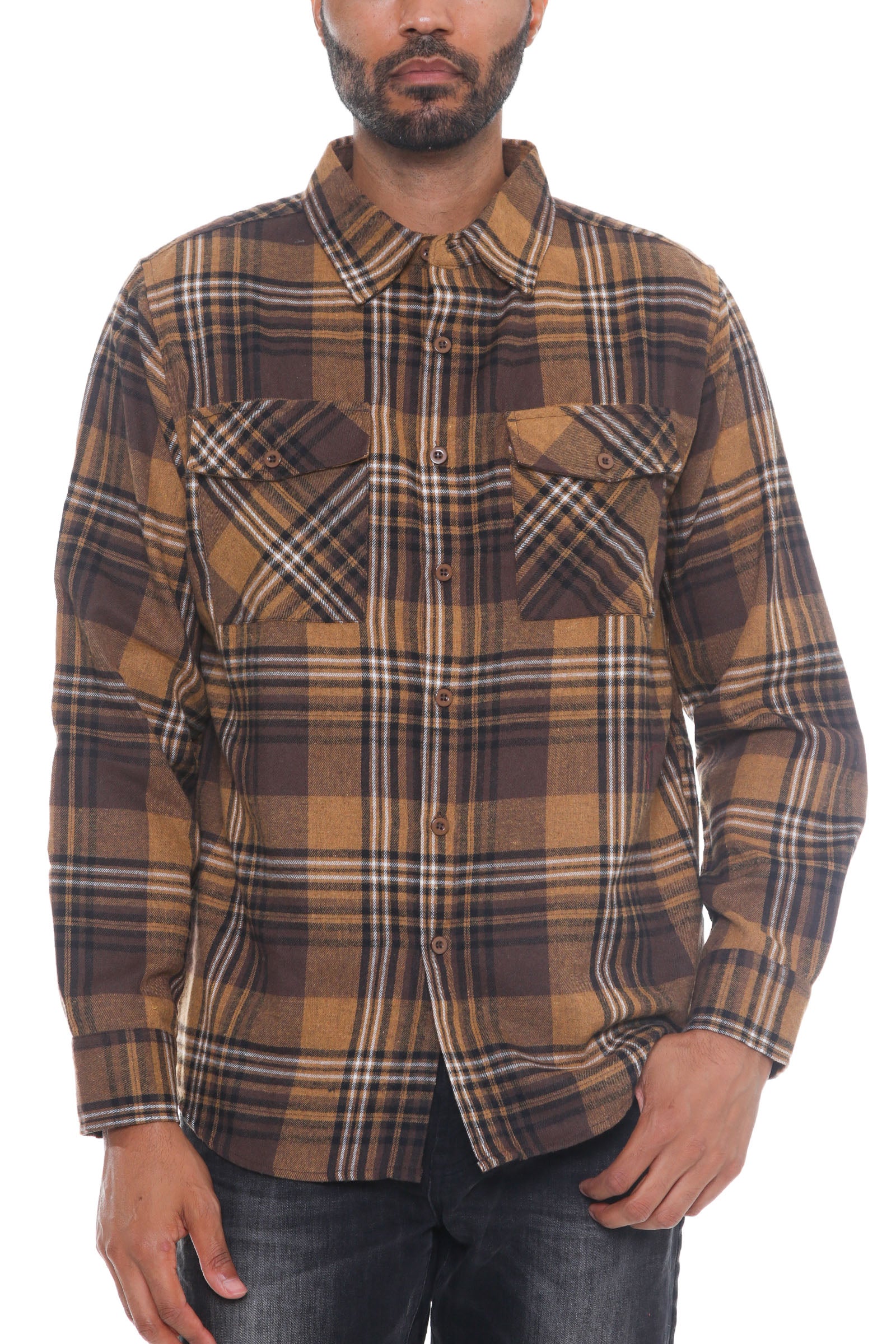 A stylish brushed flannel shirt featuring chest pockets and button closure, perfect for casual wear.