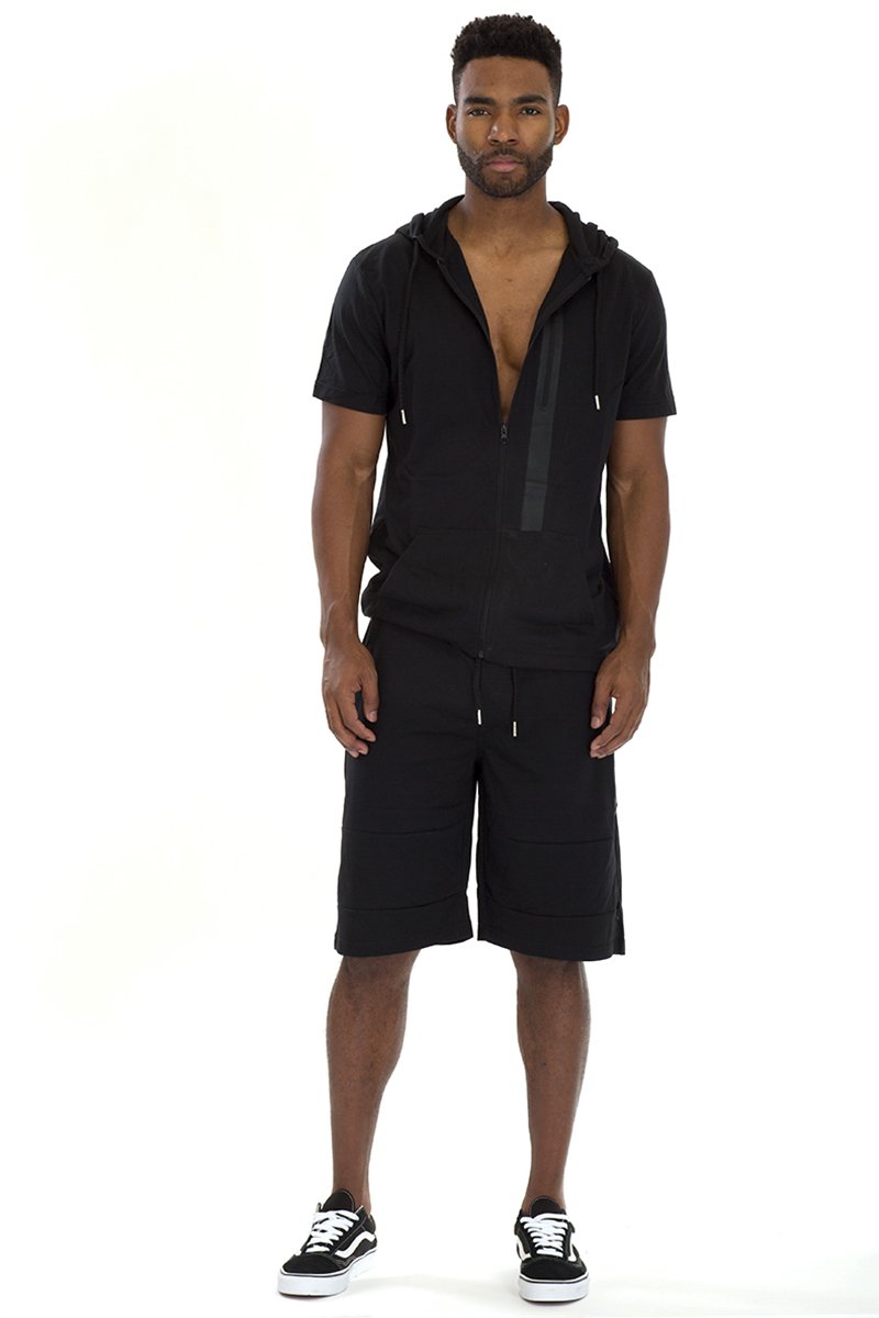 CAGE SHORT ATHLETIC SET in black featuring a full zip hoodie and matching shorts, showcasing lightweight fabric and stylish design.