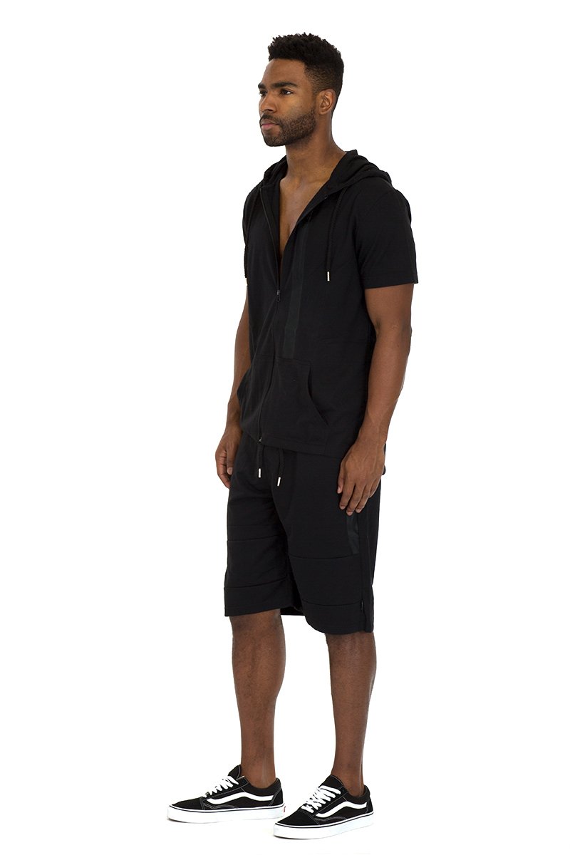 CAGE SHORT ATHLETIC SET in black featuring a full zip hoodie and matching shorts, showcasing lightweight fabric and stylish design.