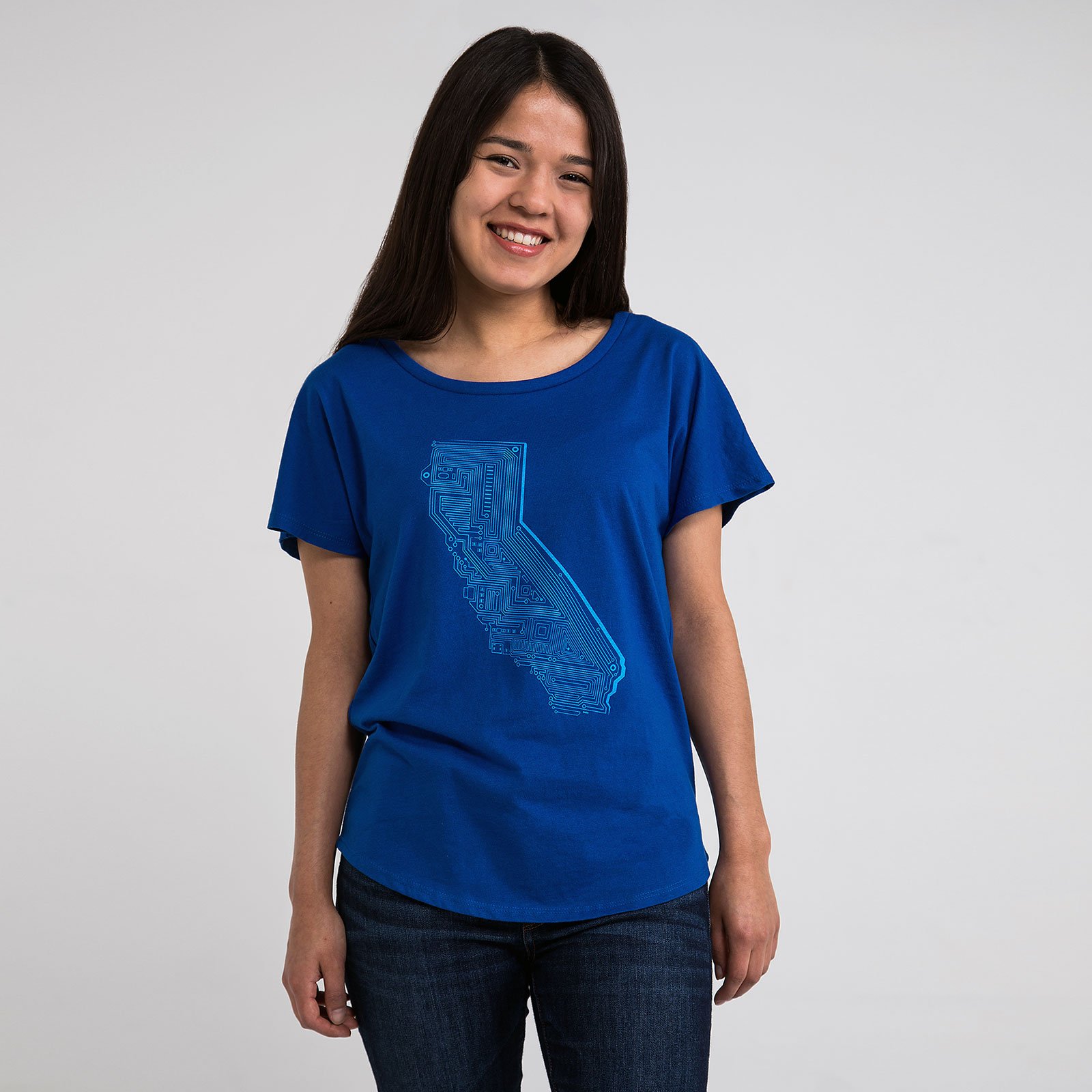 Cali Tech Dolman Shirt in royal blue, featuring a loose fit and boat-neck design, made from soft ring-spun cotton and polyester.