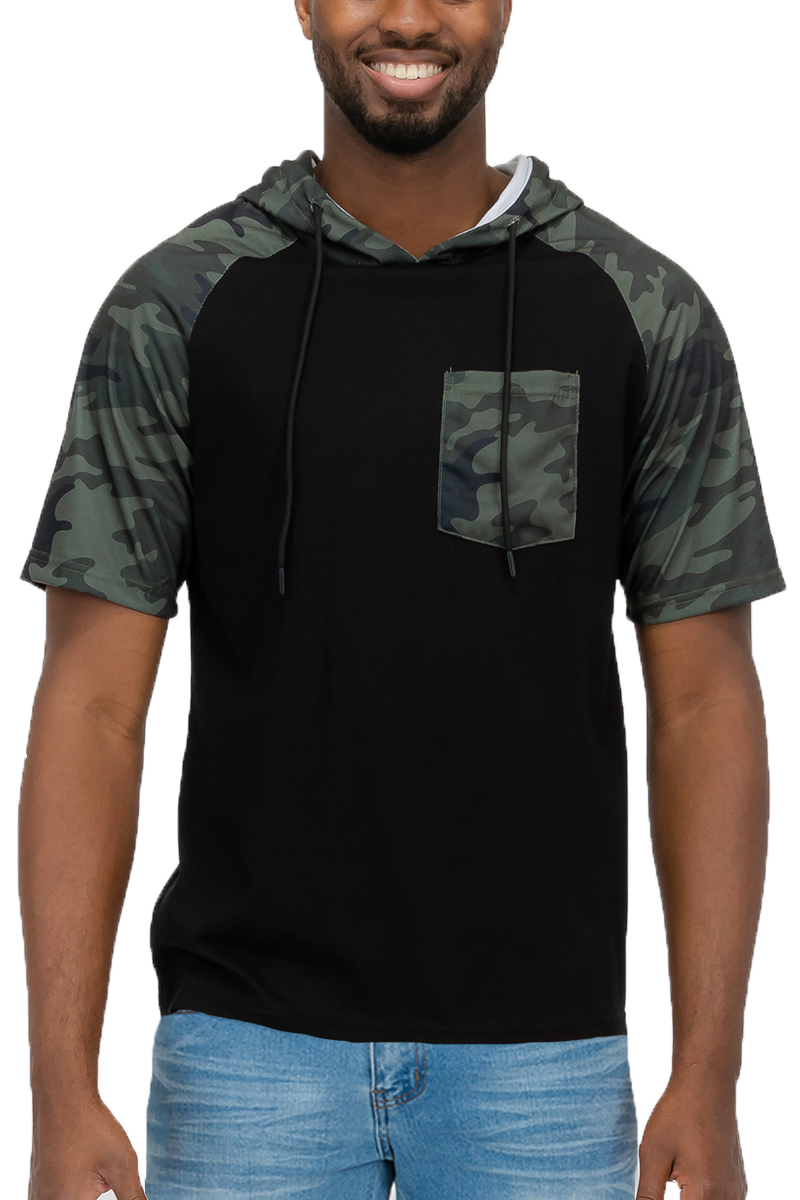 CAMO COLOR BLOCK SS HOODIE featuring a stylish three-color block design in soft 100% cotton fabric, perfect for casual wear.