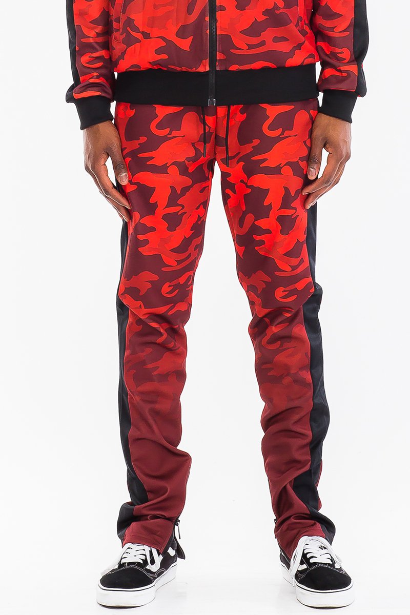 Camo Fade Track Pants featuring hidden ankle zippers and a slim fit design, perfect for casual and athletic wear.