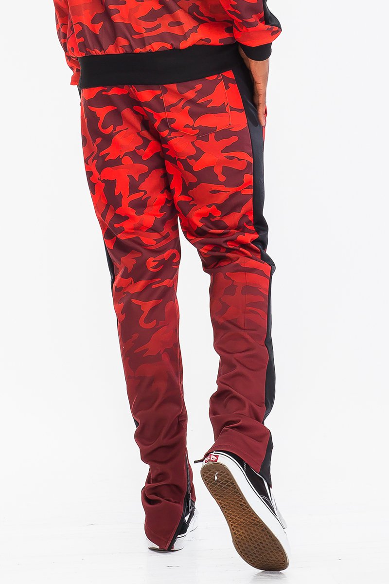 Camo Fade Track Pants featuring hidden ankle zippers and a slim fit design, perfect for casual and athletic wear.