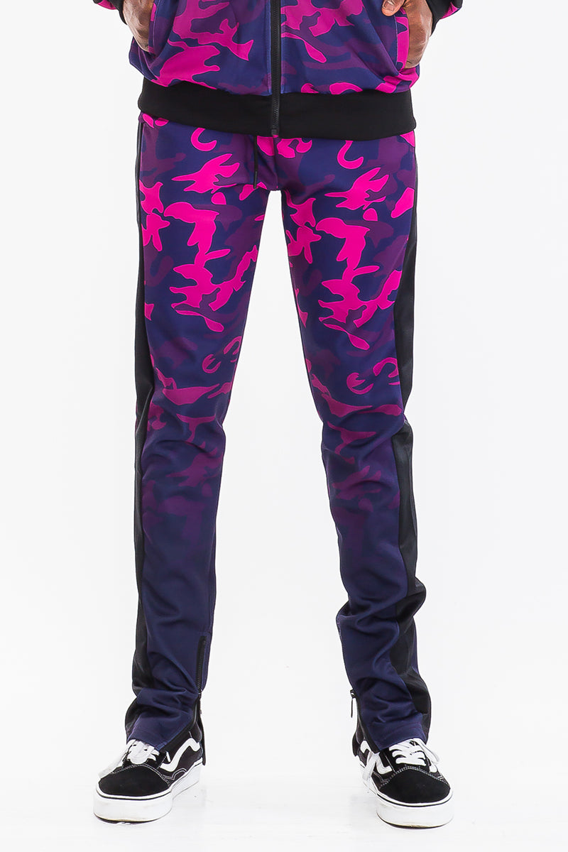 Camo Fade Track Pants featuring hidden ankle zippers and a slim fit design, perfect for casual and athletic wear.