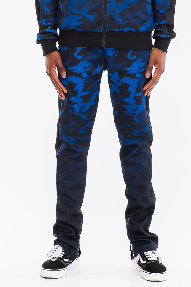 Camo Fade Track Pants featuring hidden ankle zippers and a slim fit design, perfect for casual and athletic wear.