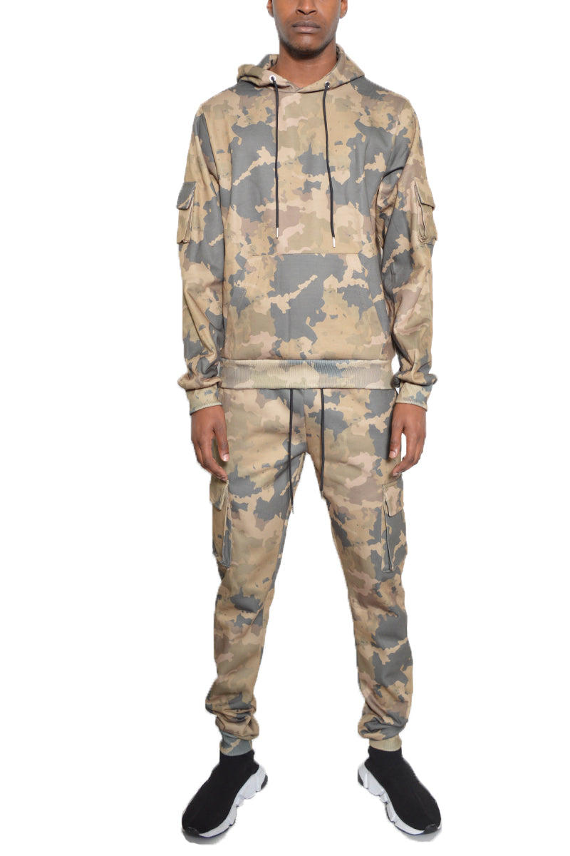 Camo Pullover Set featuring a stylish hoodie with drawstring, made from 100% cotton, displayed on a mannequin.