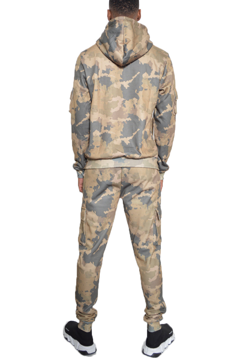 Camo Pullover Set featuring a stylish hoodie with drawstring, made from 100% cotton, displayed on a mannequin.