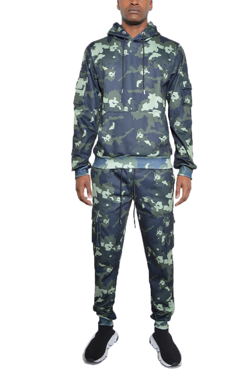 Camo Pullover Set featuring a stylish hoodie with drawstring, made from 100% cotton, displayed on a mannequin.