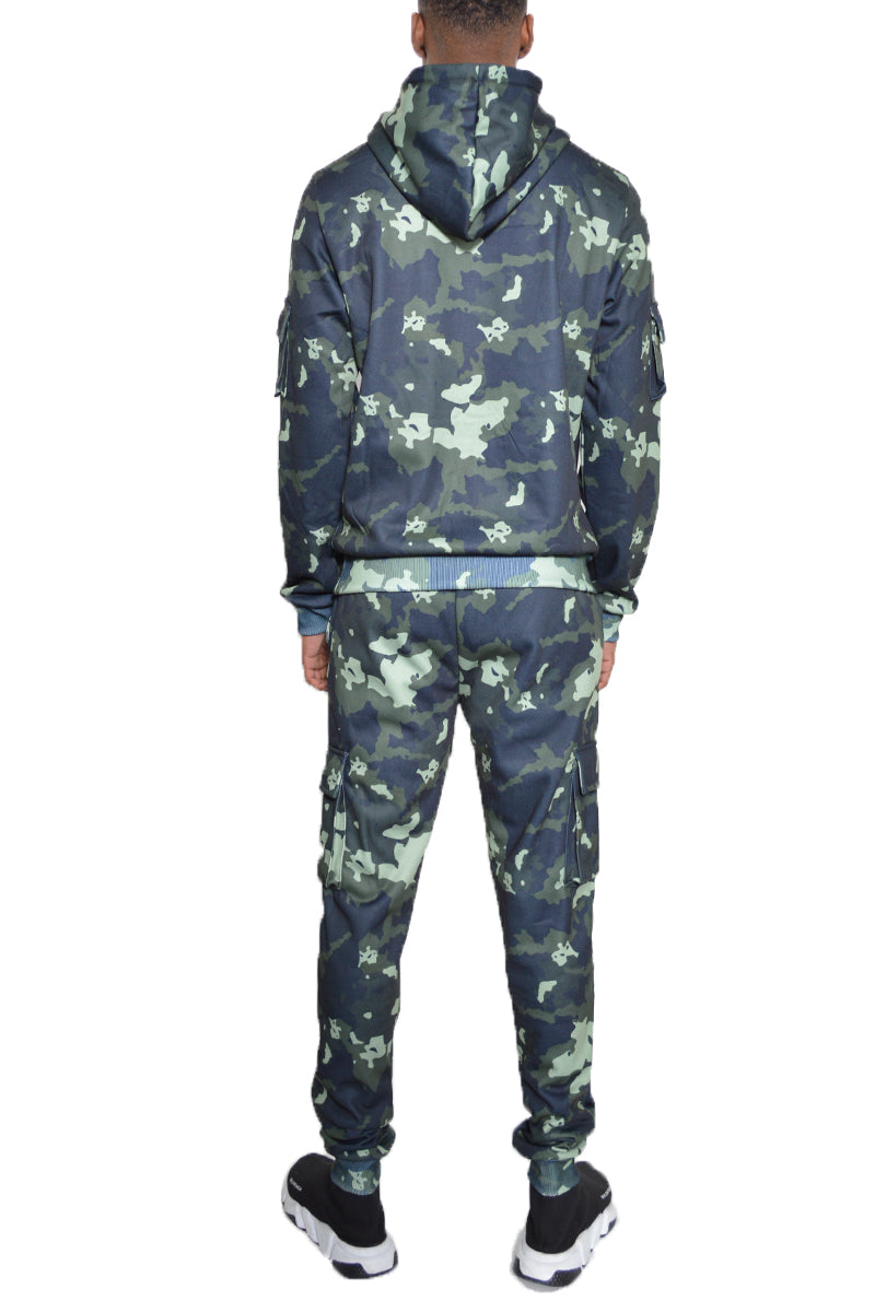 Camo Pullover Set featuring a stylish hoodie with drawstring, made from 100% cotton, displayed on a mannequin.