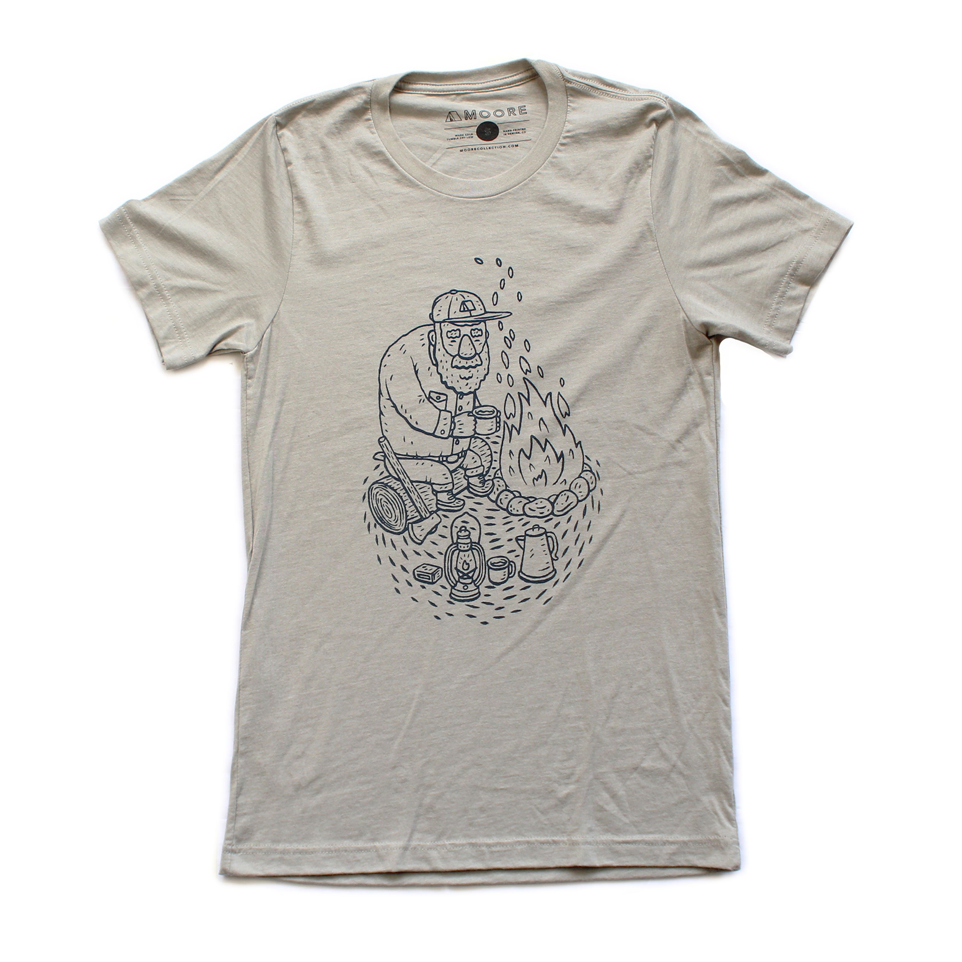 Gray Campfire Tee featuring a navy screen printed design inspired by camping memories, made from soft ringspun cotton.