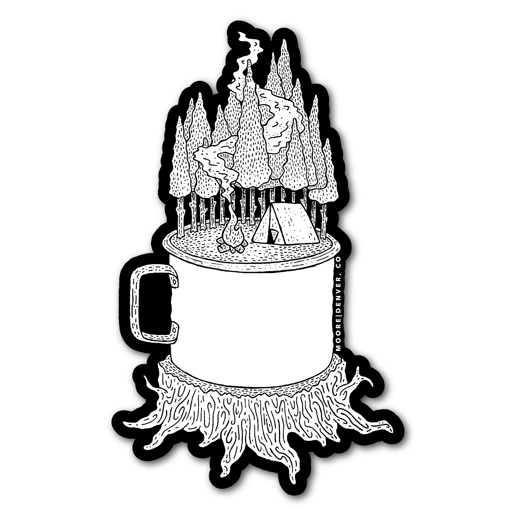 A waterproof vinyl Camping Cup Sticker featuring a cup on a stump, showcasing a unique camping design.