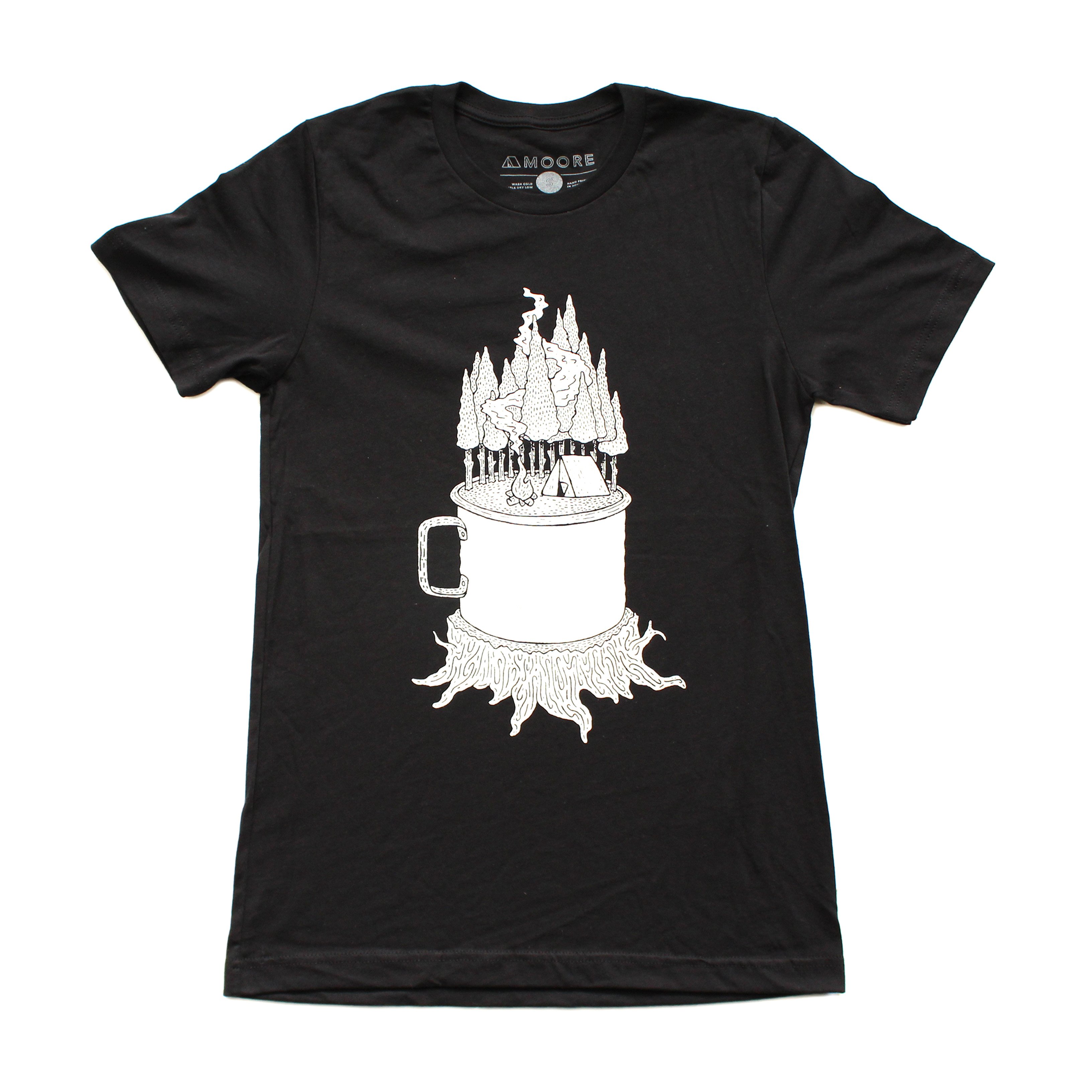 Black Camping Cup Tee featuring a unique camping cup design printed in white water-based ink on a soft cotton fabric.