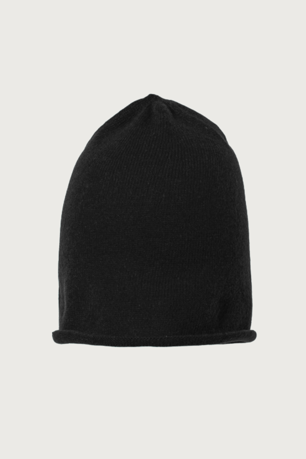 Black knit beanie hat.