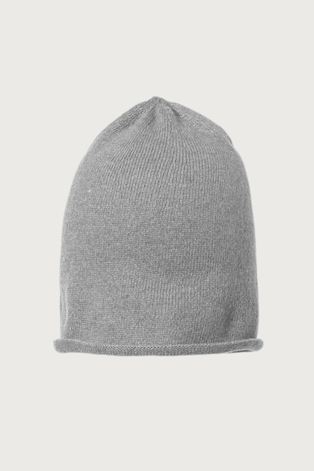 Gray knitted beanie hat.