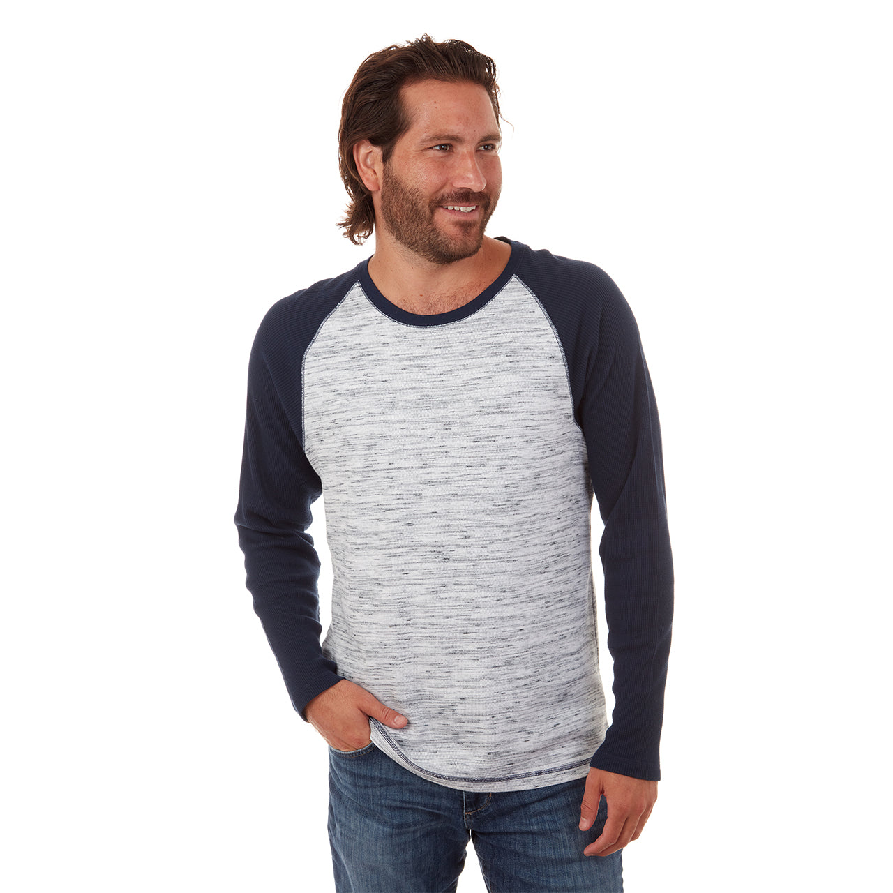 Channing Thermal Crew Neck in Lake Blue, showcasing long sleeves and a comfortable fit, made from eco-friendly materials.