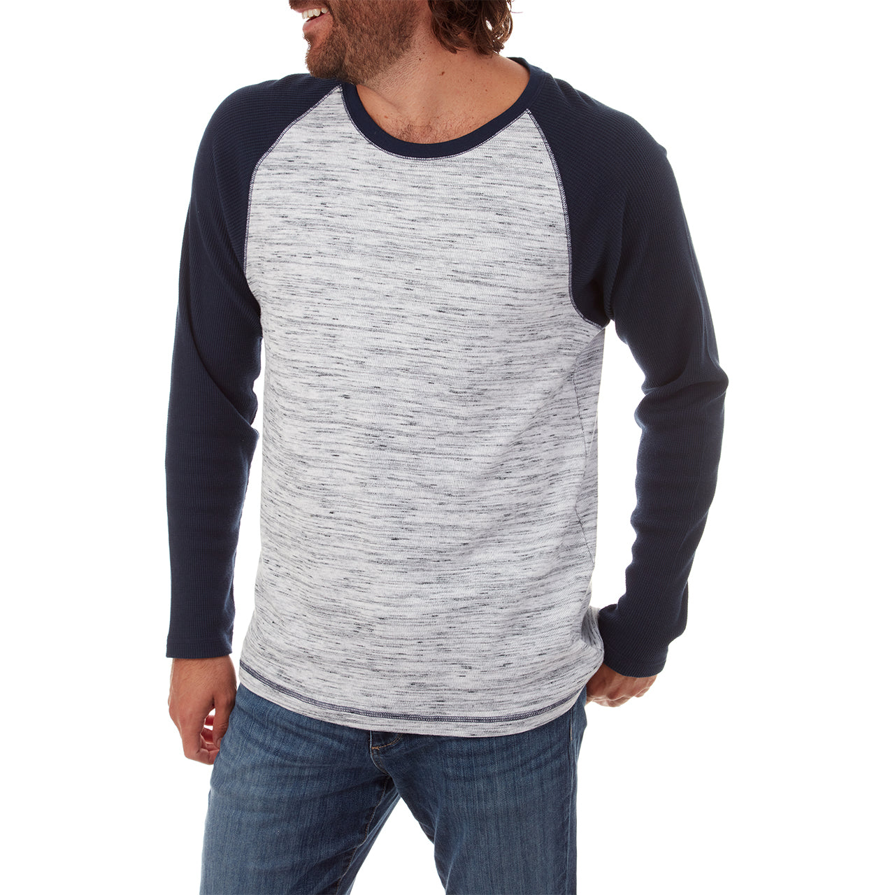 Channing Thermal Crew Neck in Lake Blue, showcasing long sleeves and a comfortable fit, made from eco-friendly materials.