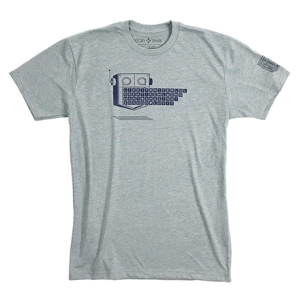 Chatbot T-Shirt in heather grey with circuitry sleeve print, showcasing a modern and stylish design.