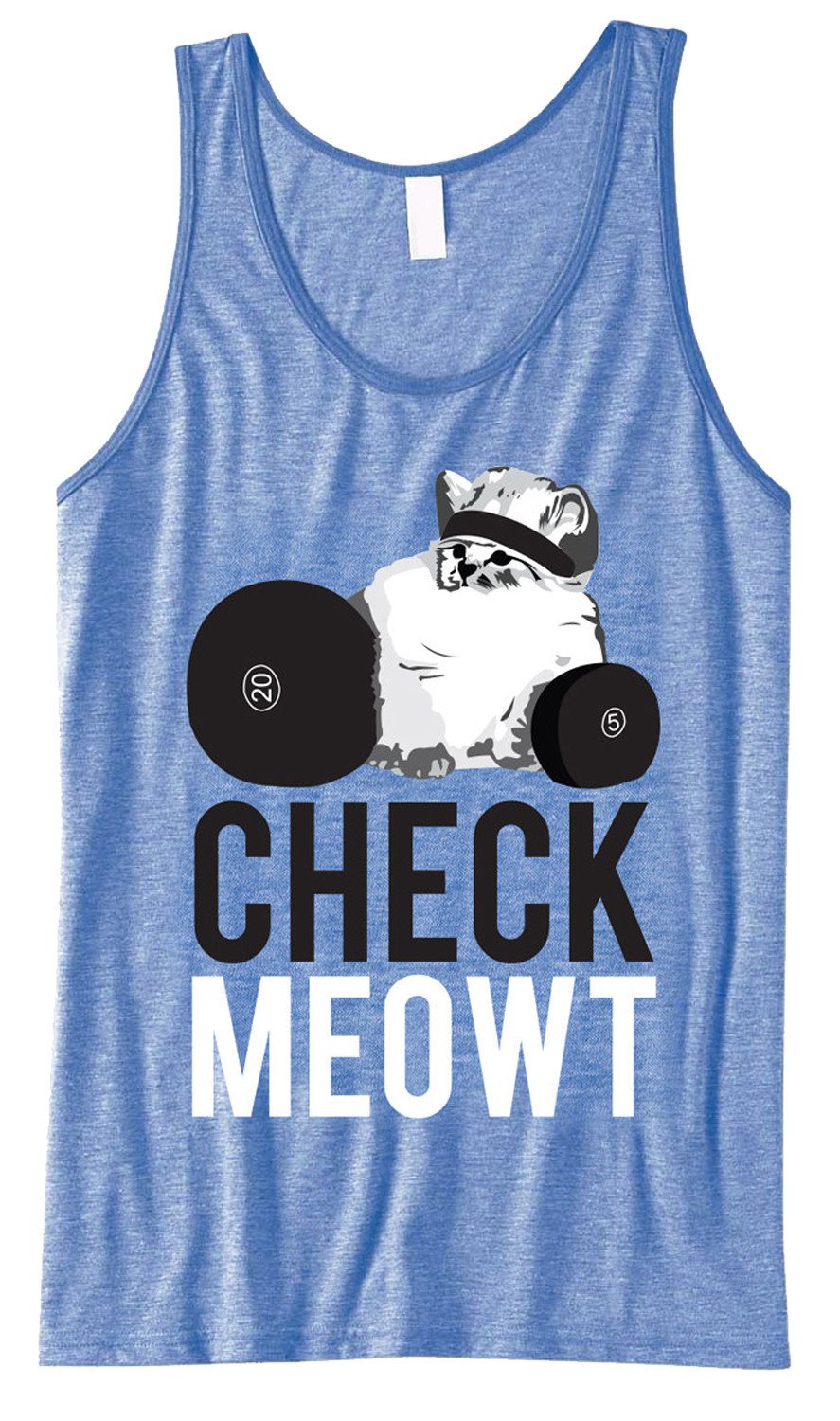 Check Meowt Unisex Tank Top in blue, featuring playful text design, made from soft tri-blend fabric.