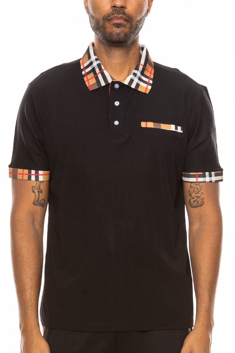 Checkered Detail Polo featuring plaid collar, sleeve hem, and chest pocket in a solid body design.