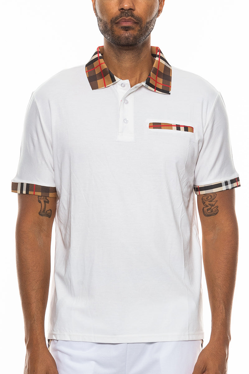 Checkered Detail Polo featuring plaid collar, sleeve hem, and chest pocket in a solid body design.