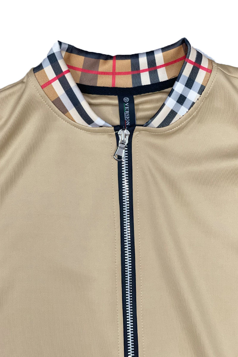 Checkered Detail Track Jacket Set featuring plaid print collar, cuffs, and pockets, full zip design, and elastic waist for comfort.